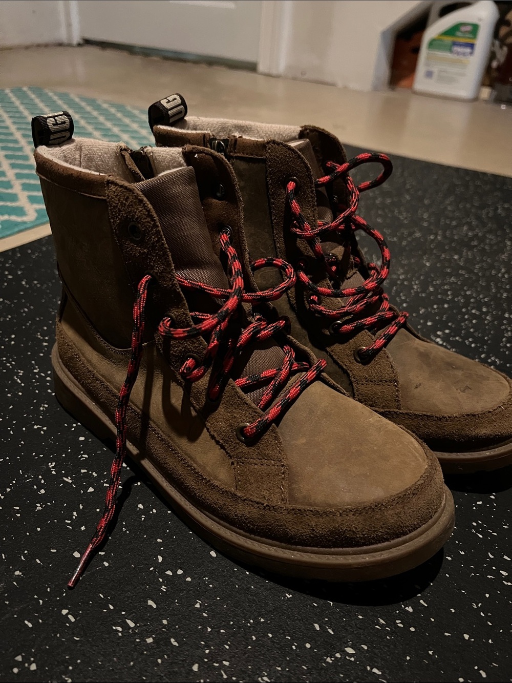 UGG Kids Brown Suede Lace-Up Boots with Red-Black Laces
